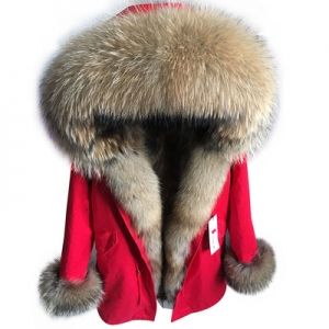 Зимна дамска парка естествен косъм с голяма дълга яка и пух на ръкавите