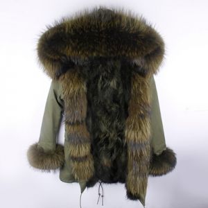Зимна дамска парка естествен косъм с голяма дълга яка и пух на ръкавите