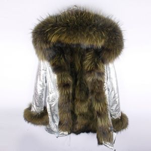 Зимна дамска парка естествен косъм с голяма дълга яка и пух на ръкавите