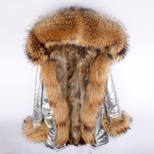 Зимна дамска парка естествен косъм с голяма дълга яка и пух на ръкавите