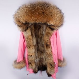 Зимна дамска парка естествен косъм с голяма дълга яка и пух на ръкавите