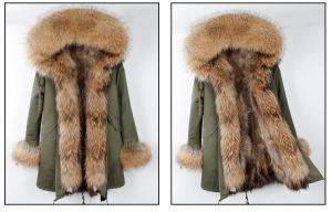 Зимна дамска парка естествен косъм с голяма дълга яка и пух на ръкавите