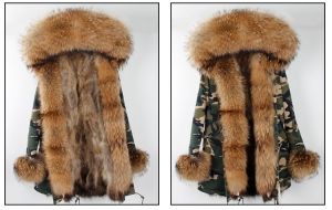 Зимна дамска парка естествен косъм с голяма дълга яка и пух на ръкавите