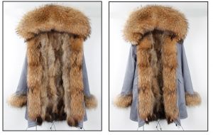 Зимна дамска парка естествен косъм с голяма дълга яка и пух на ръкавите