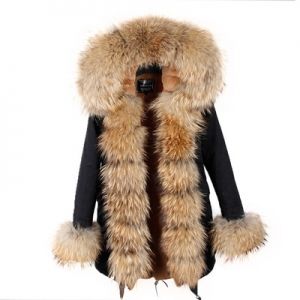 Зимна дамска парка естествен косъм с голяма дълга яка и пух на ръкавите лисица
