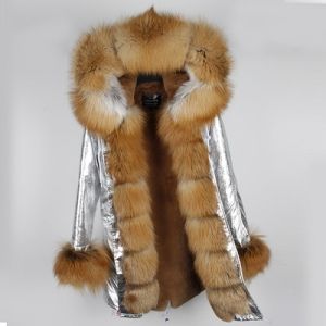 Зимна дамска парка естествен косъм с голяма дълга яка и пух на ръкавите лисица