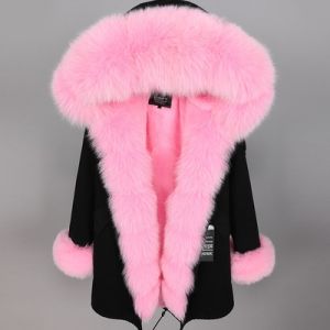 Зимна дамска парка естествен косъм с голяма дълга яка и пух на ръкавите лисица
