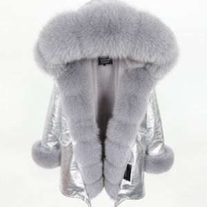 Зимна дамска парка естествен косъм с голяма дълга яка и пух на ръкавите лисица