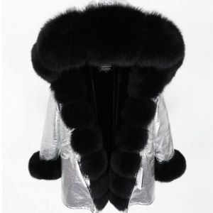 Зимна дамска парка естествен косъм с голяма дълга яка и пух на ръкавите лисица