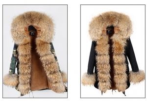 Зимна дамска парка естествен косъм с голяма дълга яка и пух на ръкавите лисица