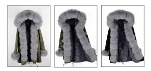 Зимна дамска парка естествен косъм с голяма дълга яка и пух на ръкавите лисица