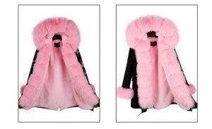 Зимна дамска парка естествен косъм с голяма дълга яка и пух на ръкавите лисица