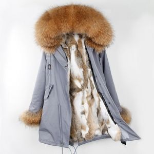 Зимна дамска парка естествен косъм с голяма яка и пух на ръкавите 