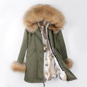 Зимна дамска парка естествен косъм с голяма яка и пух на ръкавите 