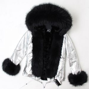 Къса зимна дамска парка естествен косъм с голяма яка и пух на ръкавите 