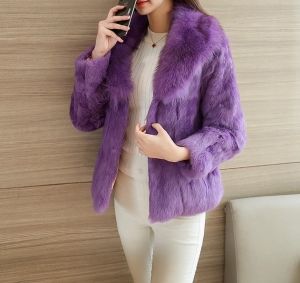 Дамско късо палто естествен косъм заек с яка лисица