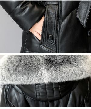 Дълго дамско кожено яке естествена агнешка кожа с гъши пух, с яка естествен косъм лисица