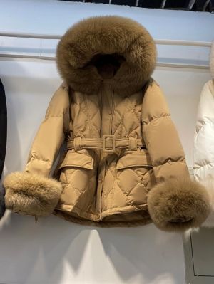 Дамско вталено яке с гъши пух с естествен косъм лисица