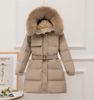 Дамско яке с гъши пух с  голяма яка естествен косъм лисица с колан