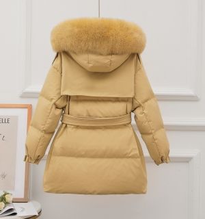 Дамско яке с гъши пух с  голяма яка естествен косъм лисица с колан