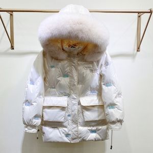 Дамско яке с гъши пух с  голяма яка естествен косъм лисица