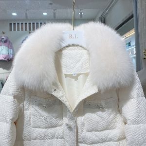 Дамско дълго яке с гъши пух с  голяма яка естествен косъм лисица