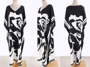 Модна дълга широка плажна рокля черно и бяло