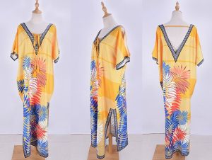 Цветна жълта дълга свободна плажна рокля