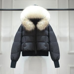 Дамско зимно яке с качулка, с гъши пух с яка естествен косъм  