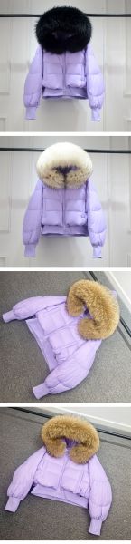 Дамско зимно яке с качулка, с гъши пух с яка естествен косъм  