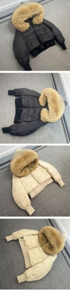 Дамско зимно яке с качулка, с гъши пух с яка естествен косъм  