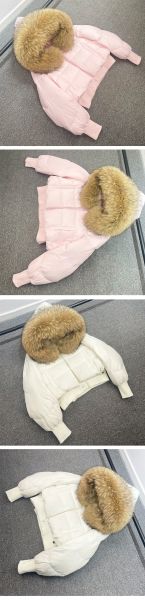 Дамско зимно яке с качулка, с гъши пух с яка естествен косъм  