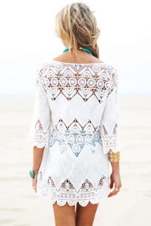 Бяла лятна плажна туника рокля от памук и дантела, НАЛИЧНА