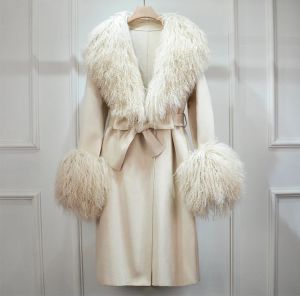 Луксозно зимно палто от естествена монголска агнешка кожа с яка, дълго двустранно, кашмирено