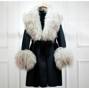 Луксозно зимно палто от естествена монголска агнешка кожа с яка, дълго двустранно, кашмирено