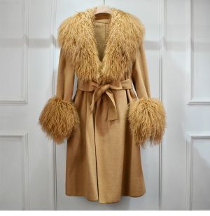 Луксозно зимно палто от естествена монголска агнешка кожа с яка, дълго двустранно, кашмирено