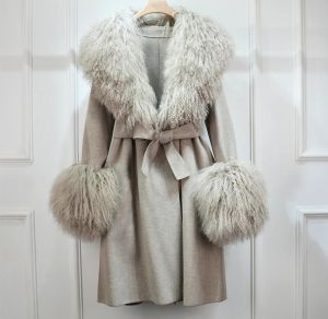 Луксозно зимно палто от естествена монголска агнешка кожа с яка, дълго двустранно, кашмирено