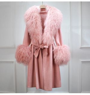 Луксозно зимно палто от естествена монголска агнешка кожа с яка, дълго двустранно, кашмирено