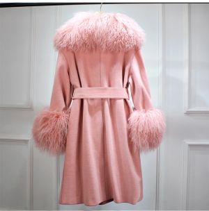 Луксозно зимно палто от естествена монголска агнешка кожа с яка, дълго двустранно, кашмирено