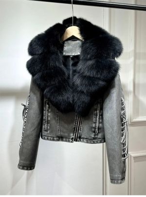 Луксозно есенно-зимно палто с яка от естествена лисича козина, композитна кожа