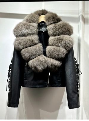 Луксозно есенно-зимно палто с яка от естествена лисича козина, композитна кожа