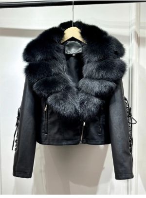 Луксозно есенно-зимно палто с яка от естествена лисича козина, композитна кожа