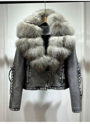 Луксозно есенно-зимно палто с яка от естествена лисича козина, композитна кожа