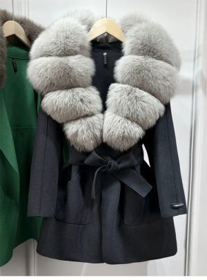 Луксозно естествено вълнено палто с голяма яка лисица ,  с колан и джобове, свободно, ежедневно, зимно