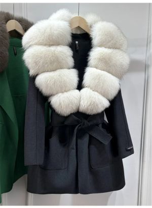 Луксозно естествено вълнено палто с голяма яка лисица ,  с колан и джобове, свободно, ежедневно, зимно