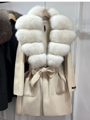 Луксозно естествено вълнено палто с голяма яка лисица ,  с колан и джобове, свободно, ежедневно, зимно