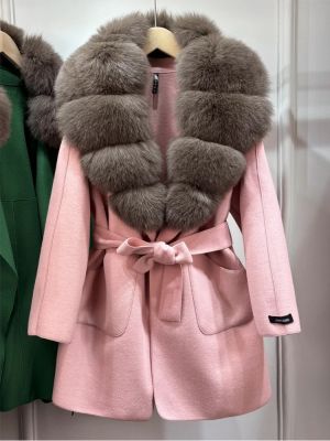 Луксозно естествено вълнено палто с голяма яка лисица ,  с колан и джобове, свободно, ежедневно, зимно