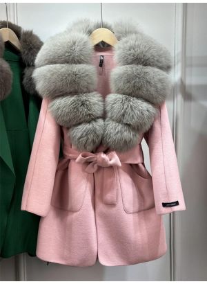 Луксозно естествено вълнено палто с голяма яка лисица ,  с колан и джобове, свободно, ежедневно, зимно