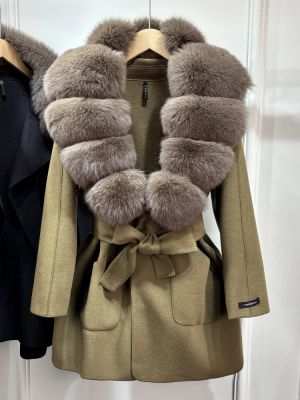 Луксозно естествено вълнено палто с голяма яка лисица ,  с колан и джобове, свободно, ежедневно, зимно