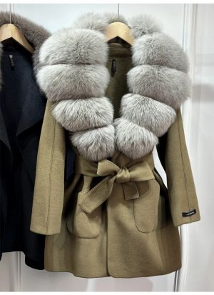 Луксозно естествено вълнено палто с голяма яка лисица ,  с колан и джобове, свободно, ежедневно, зимно